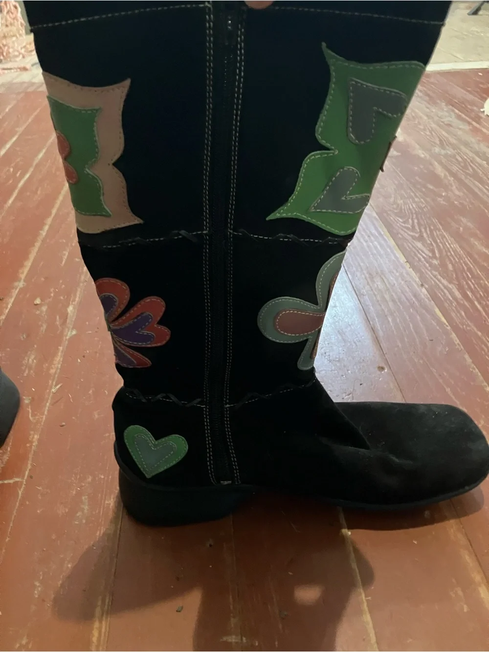 Indigo Black Suede Boots with Green and Brown Flower Appliqués